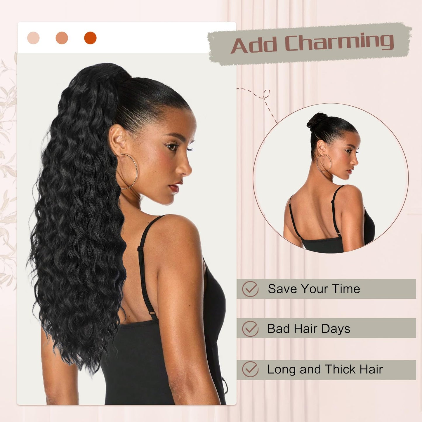 AISI BEAUTY Curly Ponytail Extension 24" Drawstring Ponytail for Black Women Clip in Ponytail Black Ponytail Extension Synthetic Hairpiece for Daily Party(1B)