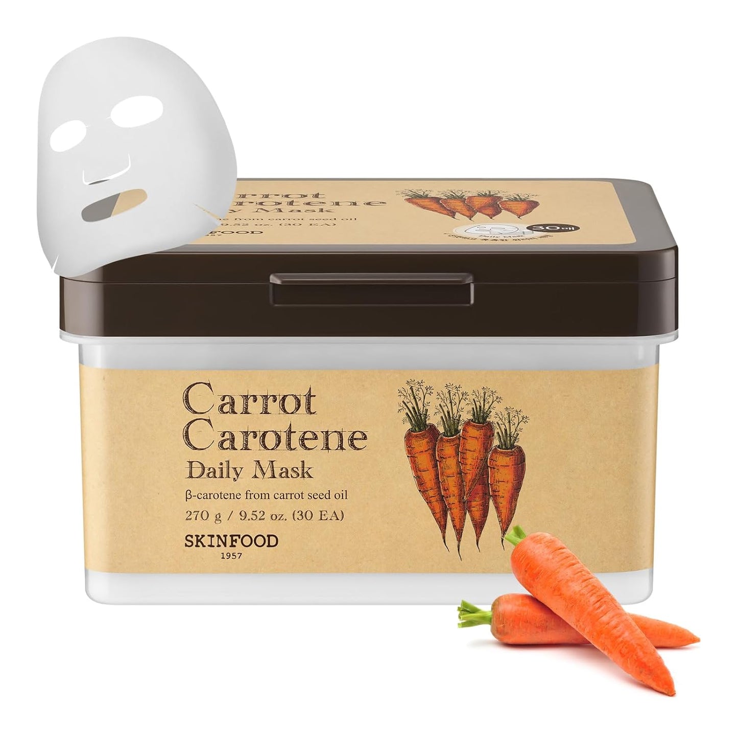 SKINFOOD Carrot Carotene Daily Sheet Mask - Quick Hydrating & Soothing Face Mask for Dry Skin | Bulk Pack of 30