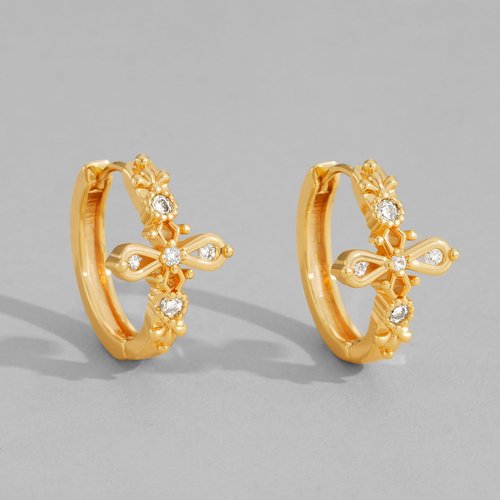 DREMMY STUDIOS Gold Dainty Huggie Hoop Earrings 18K Gold Plated Exquisite Open Tassel Dangle Charm Drop Sleeper Geometric Cross Coin Star Heart White CZ Simple Hypoallergenic Earrings for Women
