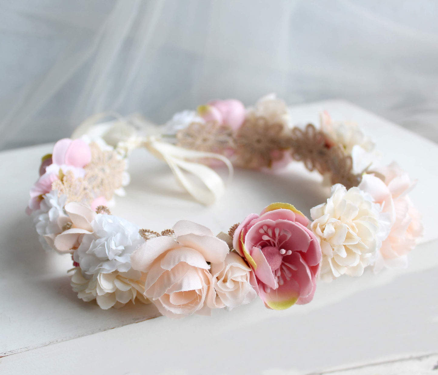 LLinfflr Women Floral Crown Boho Flower Headband Hair Wreath Floral Halo Headpiece with Ribbon Wedding Party Photos