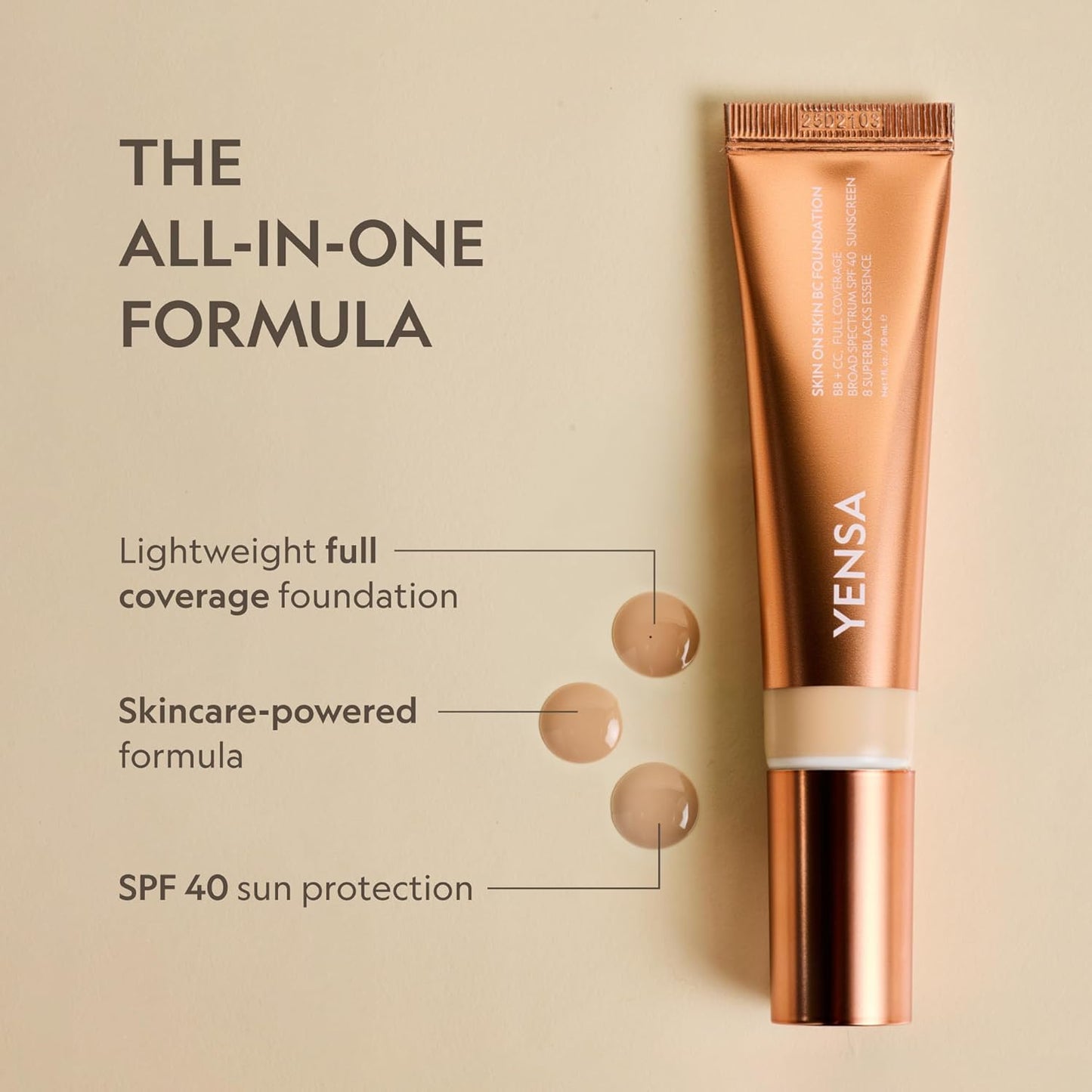 YENSA Skin On Skin BC Foundation Makeup - All-in-One CC & BB Cream with SPF 40, Hyaluronic Acid - Light Warm (1 oz)
