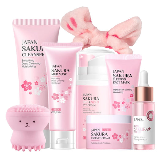 Japan Sakura Skincare Set - 8 Pcs Teenage Skin Care Set - Skin Care for Teens 10-12 - Skincare for Girls 10-12 - Teen Skin Care Kit with Sleeping Face Mask,Cleanser,Face Cream,Headband