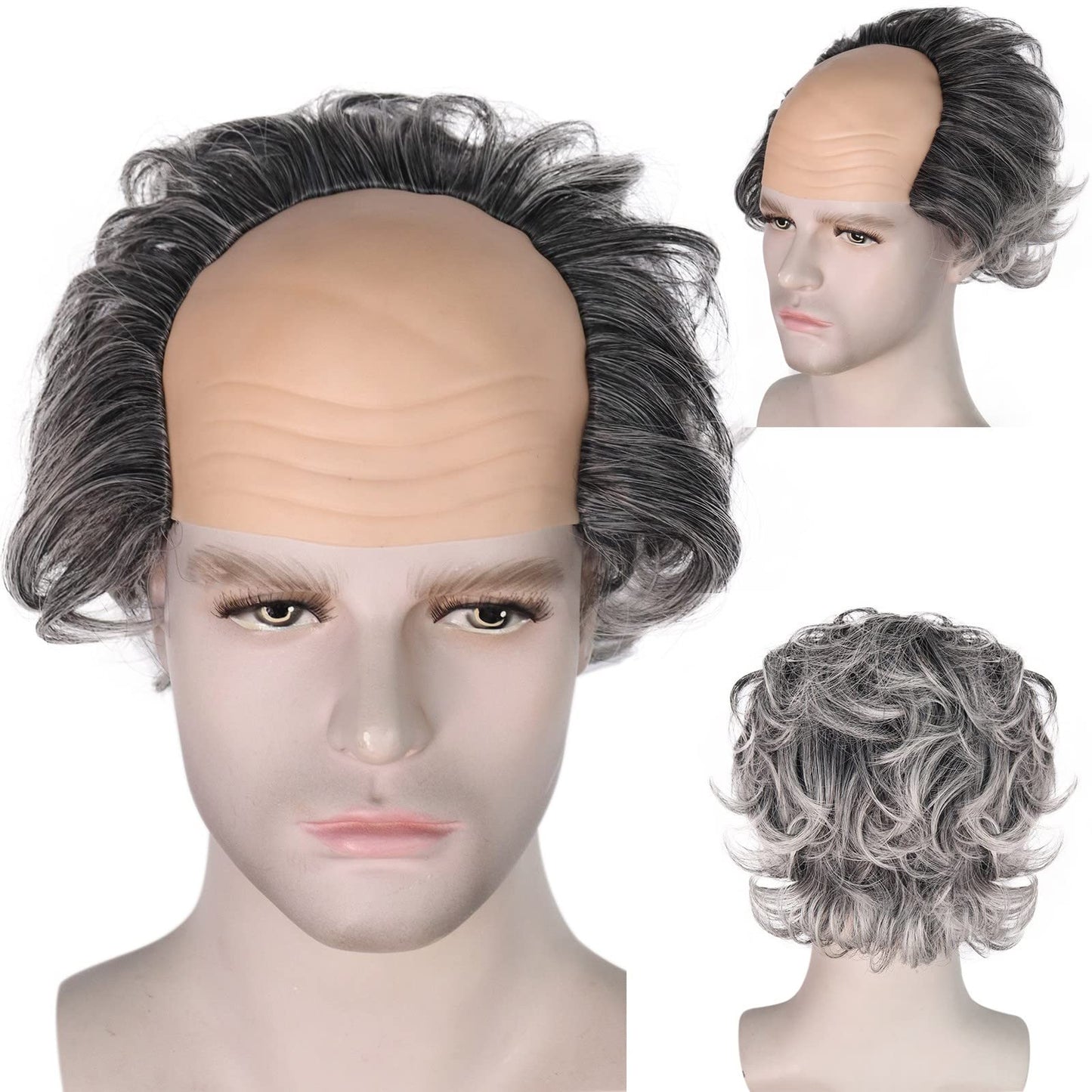 HUNIGIR Bald Gray Wig Short Fluffy Wig Bald Head Gray Wig Heat Resistant Synthetic Halloween Party Cosplay Costume Wig (Gray)