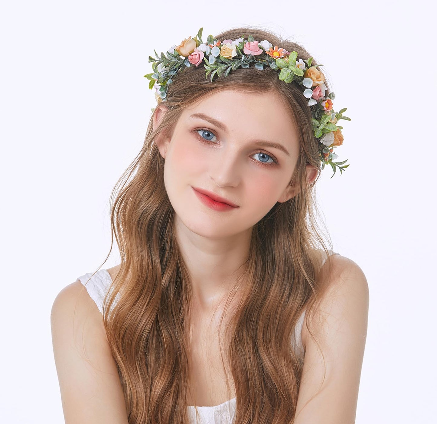 LLinfflr Fairy Flower Crown Woodland Headband Elf Floral Headpiece Hair Wreath Elven Circlet for Women Girls Bridal Wedding Prom Halloween Cosplay Photo Props