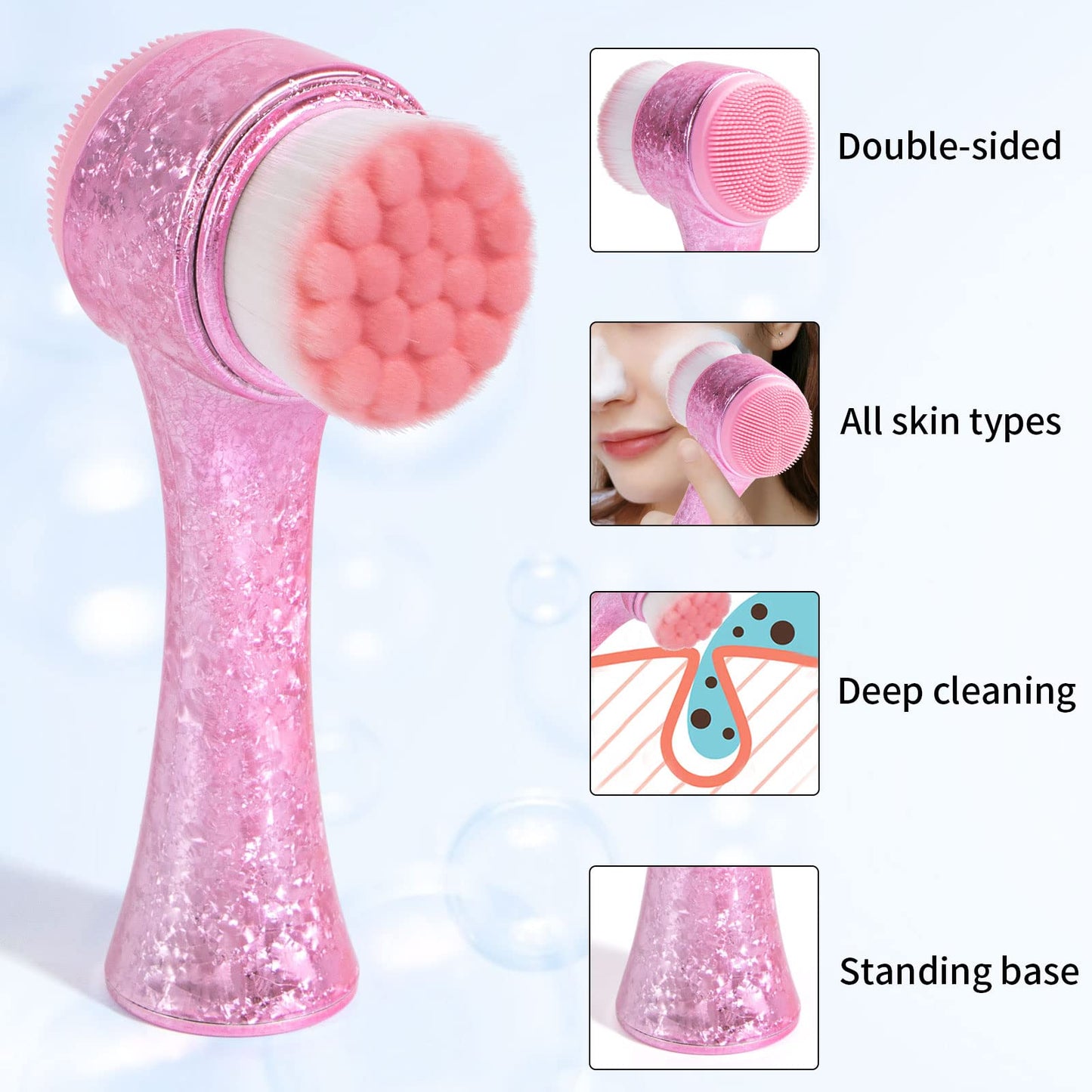 Beomeen Face Brush 2 in 1, Facial Cleansing Exfoliating Brush with Ultra Fine Soft Bristles for Pore Deep Cleansing Silicone Double Side Face Wash Scrub Brush for Skin Care, Ice Flower Pink