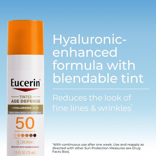 Eucerin Sun Tinted Age Defense Face Sunscreen Lotion SPF 50 - Hyaluronic Acid, Blendable Tint for All Skin Tones | 2.5 Fl Oz