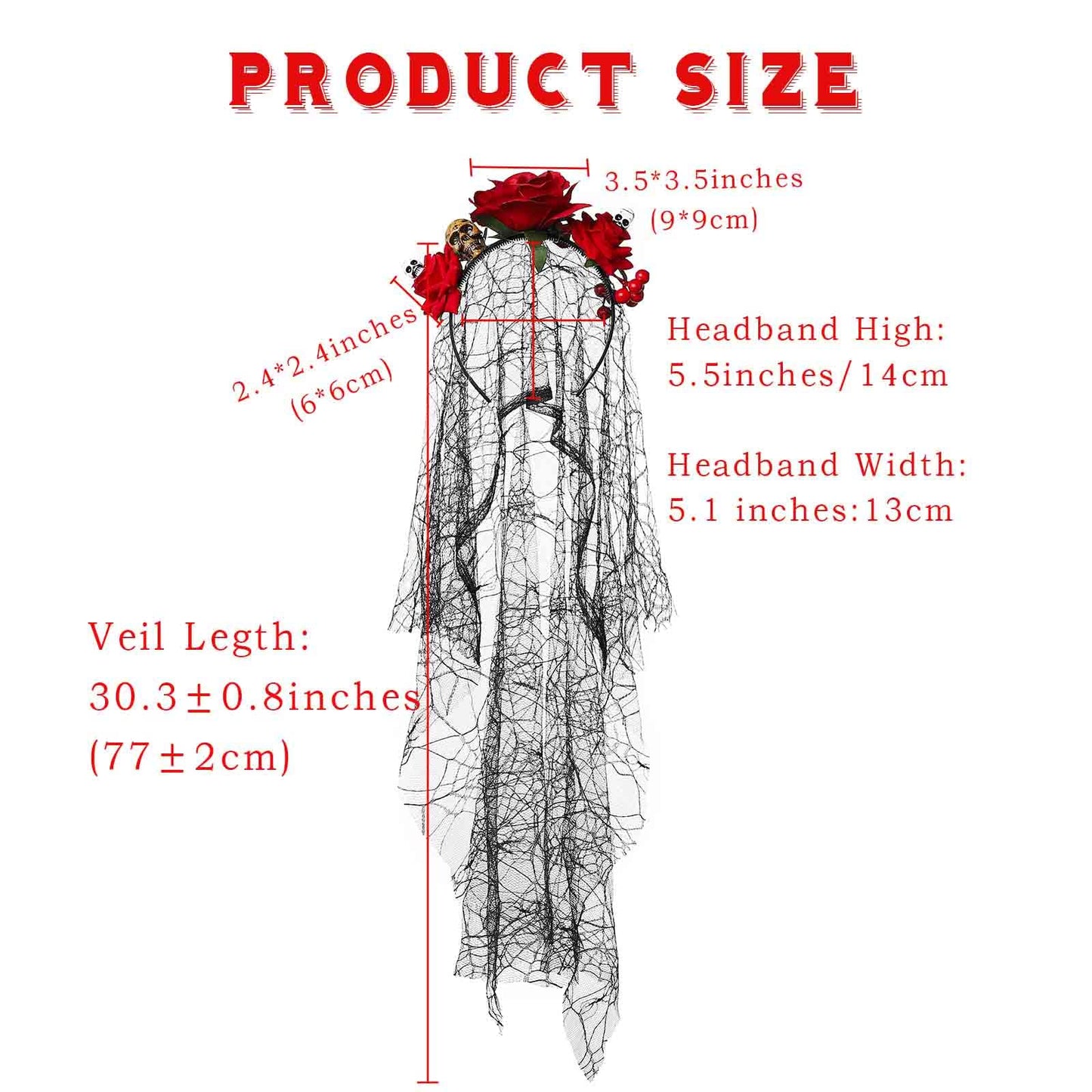 Acenail Floral Headband Veil Women Flower Crown Skull Adjustable Gothic Head Piece Rose Flower Garland Spider Mexican Headband Day of the Dead Head Band Cosplay Halloween Headpieces for Wedding (Red)