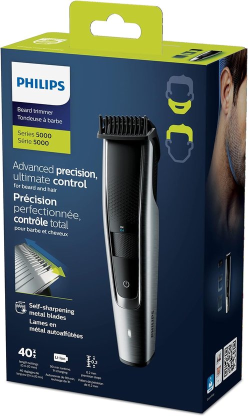 Philips Beard Trimmer & Hair Clipper Series 5000 - Effortless Grooming - Black & Silver Finish