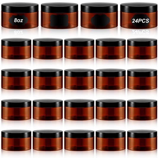 Dandat 24 Pcs 8 oz Plastic Jars with Lid and Label PET Cosmetic Containers Leak Proof Empty Cosmetic Jars Refillable Storage Travel Containers for Lotion Cream Gel Powder(Amber)