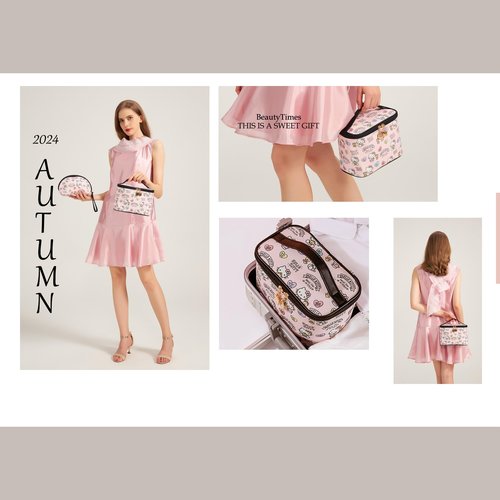 AmBealla Makeup Bag 2PCS with Large Handle Travel Cube Cosmetic Bags Brush Holder Cute Organizer Suitable for Purse for Women (01 Sweet Bear 2PCS)