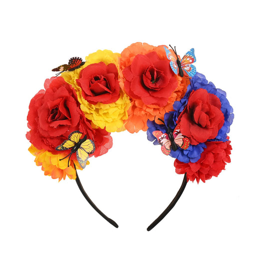 Fleursun Mexican Flower Crown Frida kahlo Headband Dia De Los Muertos Flower Crown Halloween Party Costume Headpiece (Red yellow orange blue)