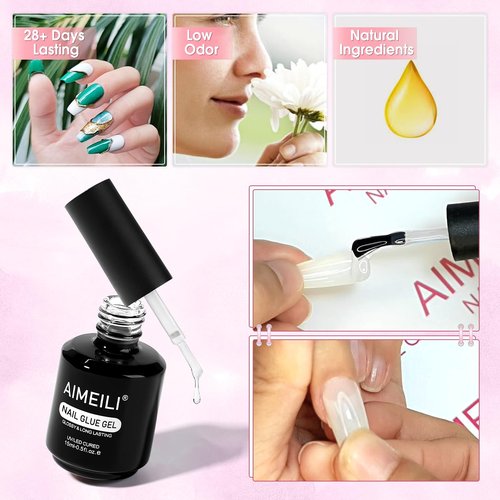 AIMEILI Hema Free 2 in 1 Nail Glue and Base Gel 15ML for Acrylic Nails, Cruelty Free, Vegan, Strong Nail Glue Gel for False Nails