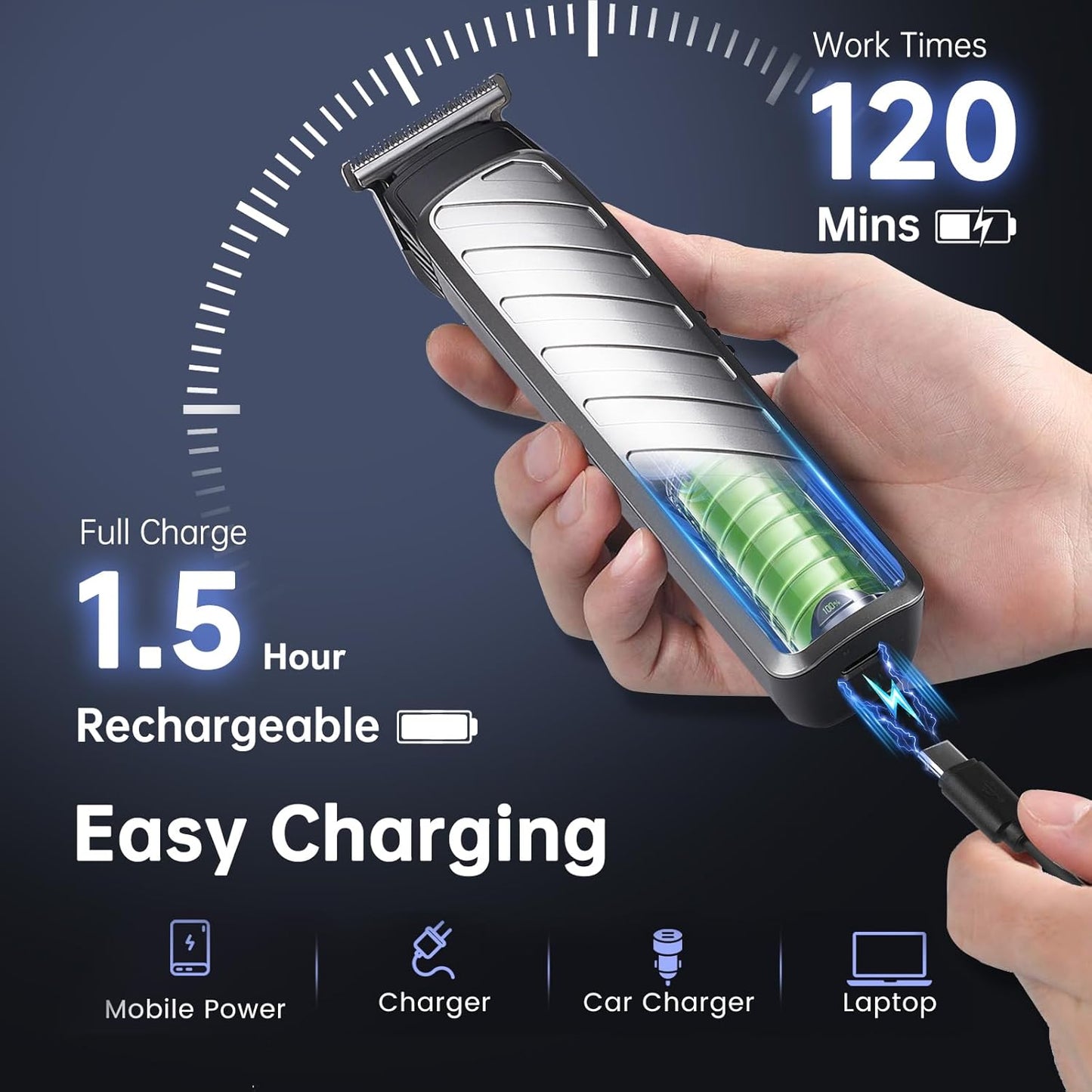 Skiennix Cordless Hair & Beard Trimmer - 3-in-1 Grooming Kit with Stainless Steel Heads | 120 Minutes Runtime