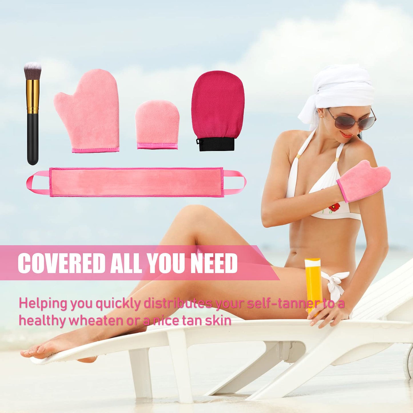Boao 5 Pieces Self Tanning Mitt Applicator Kit, Includes Tanning Mitt, Exfoliating Glove, Mini Face Glove, Back Lotion Applicator, and Large Brush Makeup(Pink)