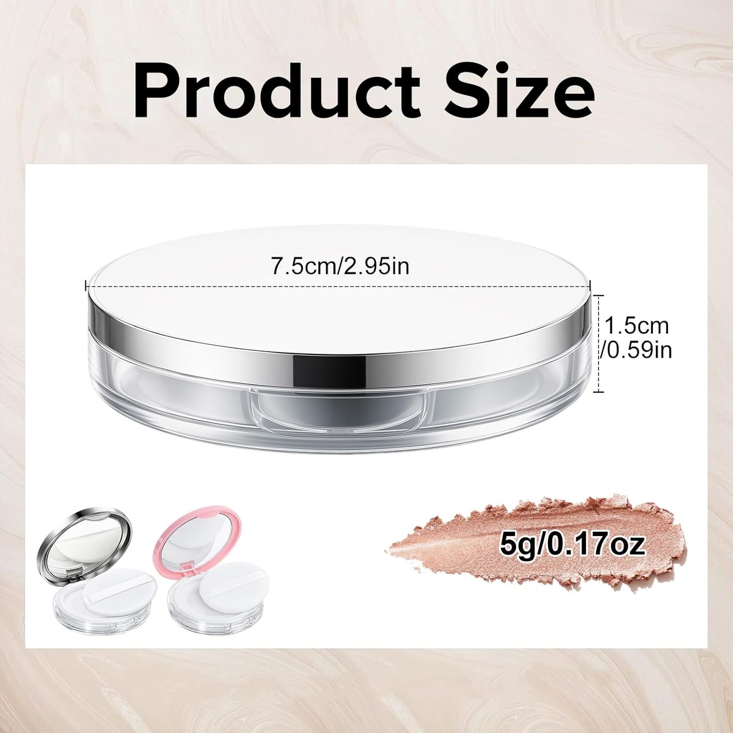 Tokusatsu Refillable Loose Powder Container - 2-Pack Travel Makeup Compact with Puff & Mirror | 0.17 oz (Pink, Silver)