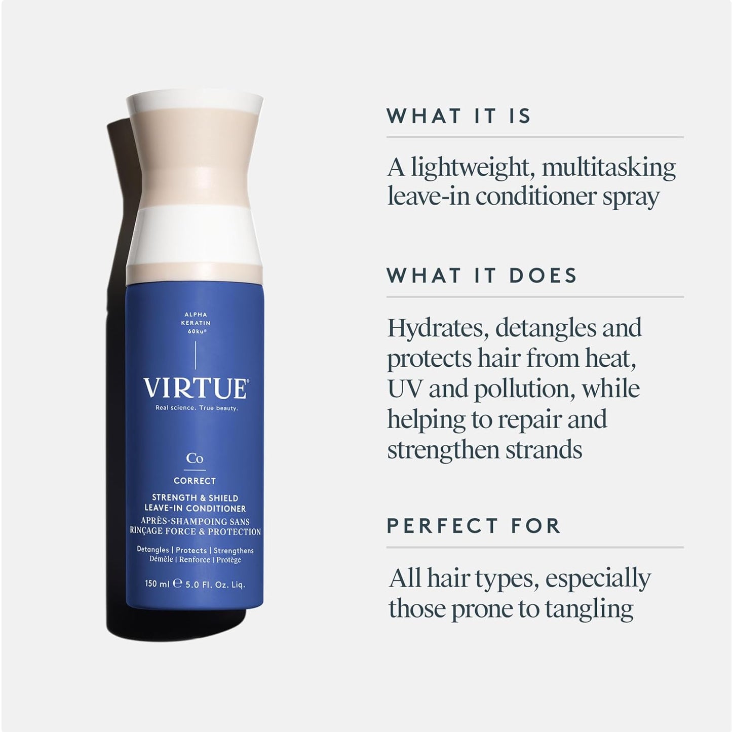 VIRTUE Strength & Shield Leave-In Conditioner - Detangles & Strengthens All Hair Types | 5 Fl Oz