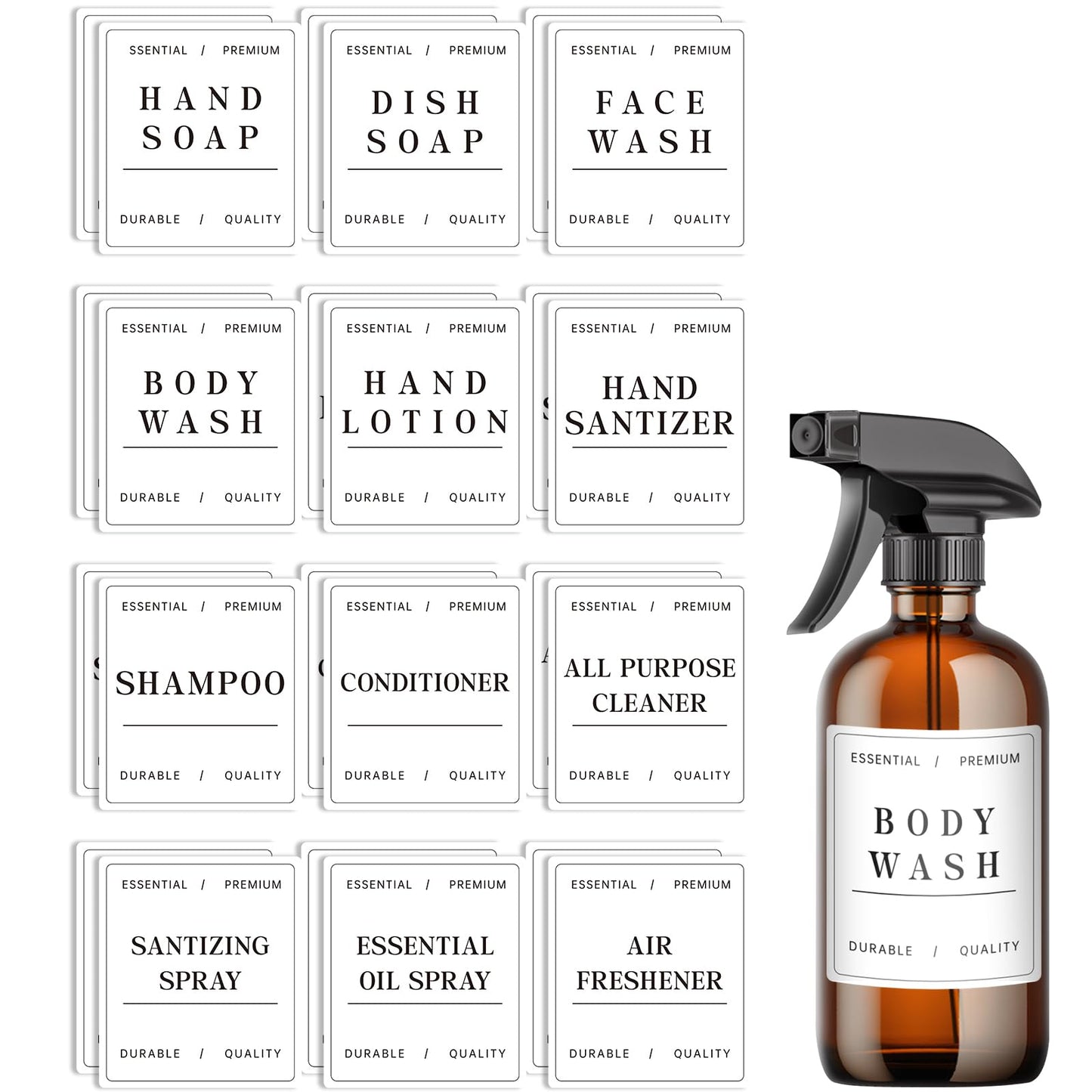Liba Waterproof Bottle Labels 24 PCS, Shampoo, Bathroom Soap and Conditioner Dispenser Label Stickers, Suitable for Glass/Plastic Spray Bottles(White)