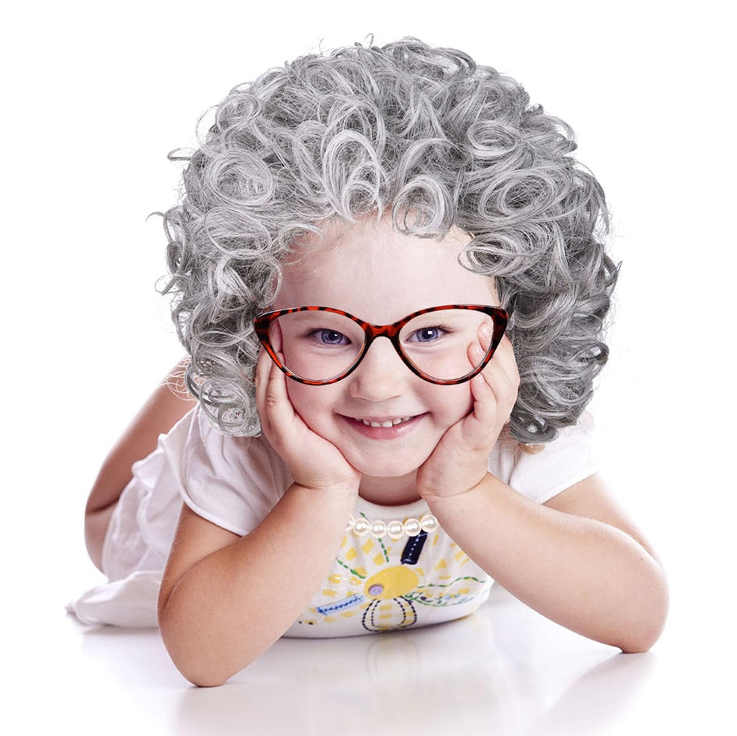 Gray Curly Wig with Granny Glasses and Pearl Necklace Old Lady Costume for Halloween Party for Girl Kid