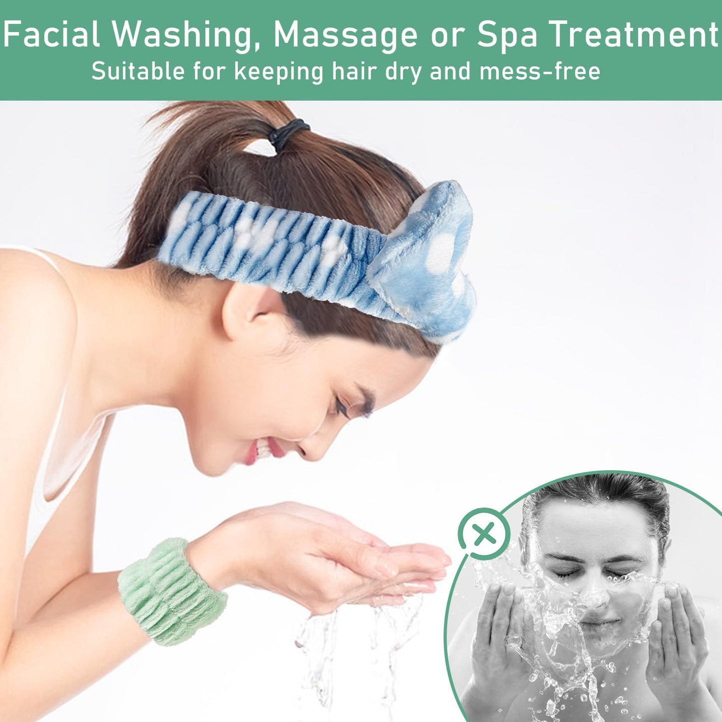 Beomeen Facial Cleansing Brush 2 in 1, Silicone Face Scrubber Dual Face Brush for Deep Pore Cleansing and Exfoliating, Skincare Headband and Wristbands Set for Washing Face, Massaging Spa Makeup, Cyan