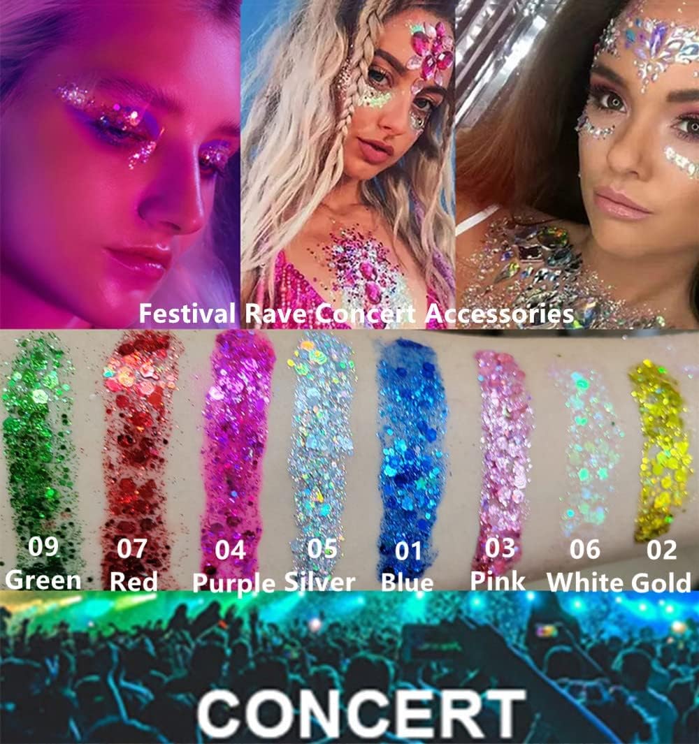 Go Ho White Pink and Silver Body Glitter Set,3 PCS Mermaid Face Glitter Gel,Holographic Long Lasting Chunky Sequins Glitter Makeup for Singer Concerts,Halloween Festival Rave Accessories