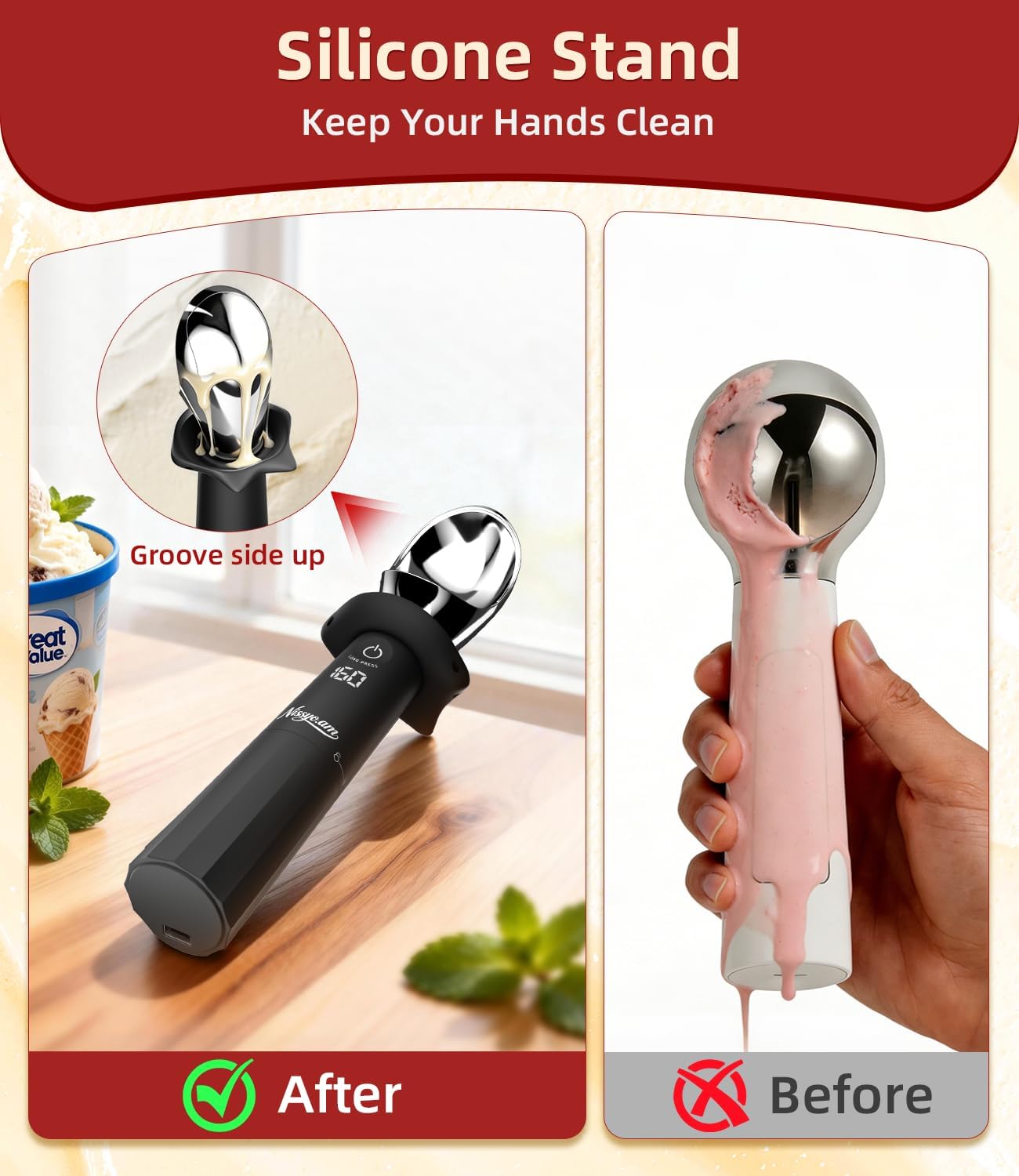 Skiennix Heated Ice Cream Scoop - Rechargeable Electric Scooper with Removable Battery & Drip-Proof Stand | IP68 Waterproof, Food-Grade Metal