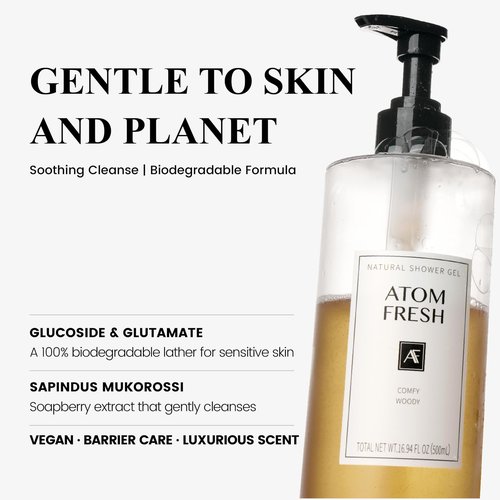 Atom Fresh Refined Edition Body Wash for Women, 16.94 fl oz Natural Moisturizing Shower Gel with Soapberry and Argan Oil, Sulfate-Free Cleanser for Dry Sensitive Skin