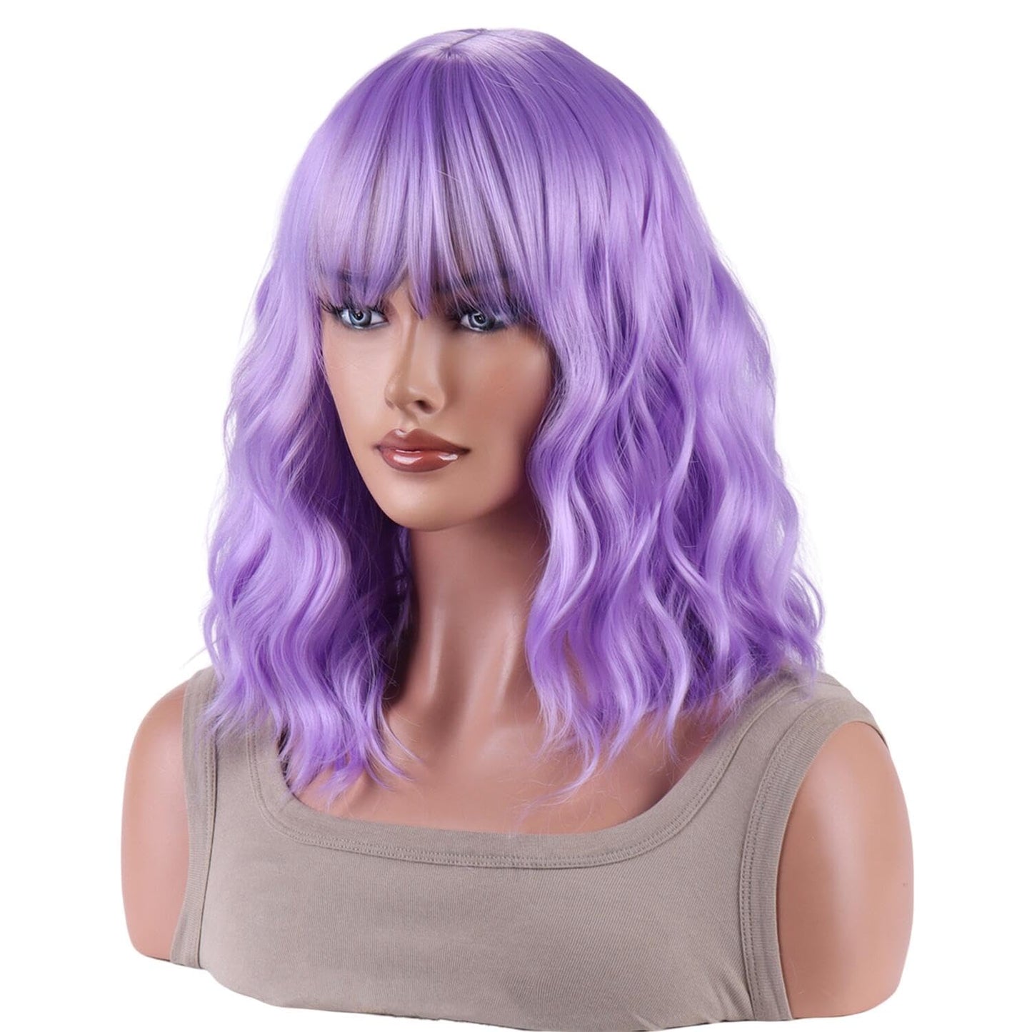 AneShe Lavender Purple Wig Short Purple Wavy Wig With Air Bangs Curly Synthetic Hair Wig Short Colorful Wavy Bob Wigs for Women Party Cosplay (14" Lavender Purple)