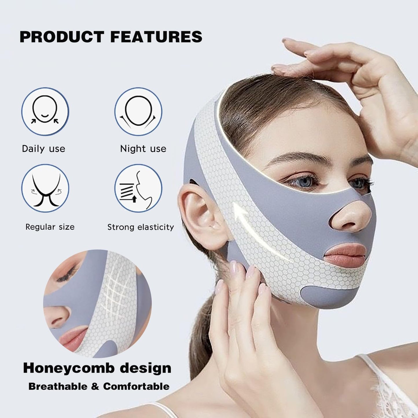 V-Line Lifting Chinstrap,Reusable V Line Lifting Mask with Chin Strap,Chin strap 23-27 Inches (Blue)