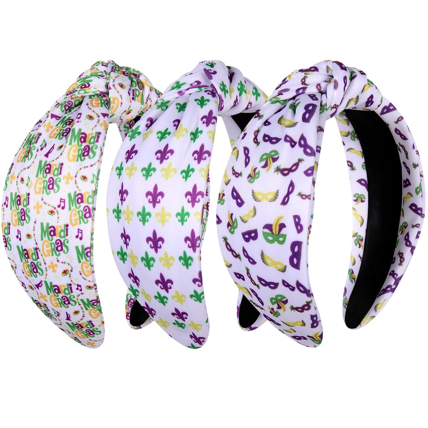 JERTOCLE Mardi Gras Headband for Women Carnival Mask Fleur De Lis Crown Printed Knotted Headband Fat Tuesday Hair Accessories Holiday Gifts (Mardi Gras A)