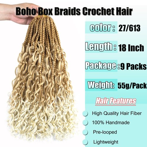 9 Pack Boho Box Braids Crochet Hair - 18 Inch Pre-looped Goddess Box Braids Crochet Hair Bohemian Crochet Boho Crochet Braids With Curly Ends Synthetic Crochet Hair For Women（18 Inch,27/613)