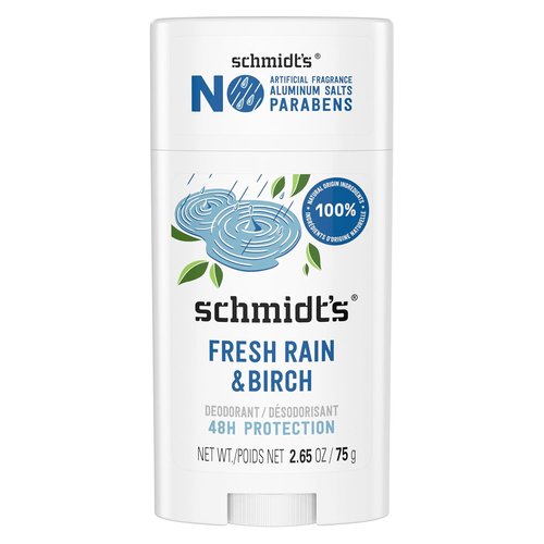 Schmidt's Vegan Deodorant - Aluminum-Free Fresh Rain & Birch | 24-Hour Odor Protection, 2.65 oz