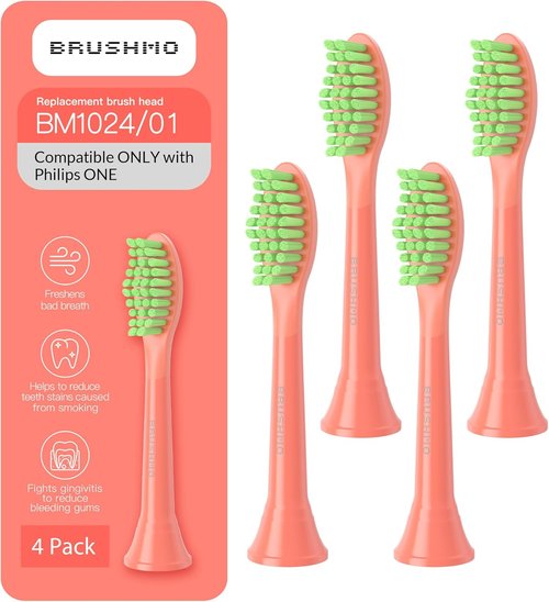 Brushmo Replacement Toothbrush Heads - Compatible with Philips One Sonicare | 4 Soft Dupont Heads & Tongue Cleaner - Miami Coral