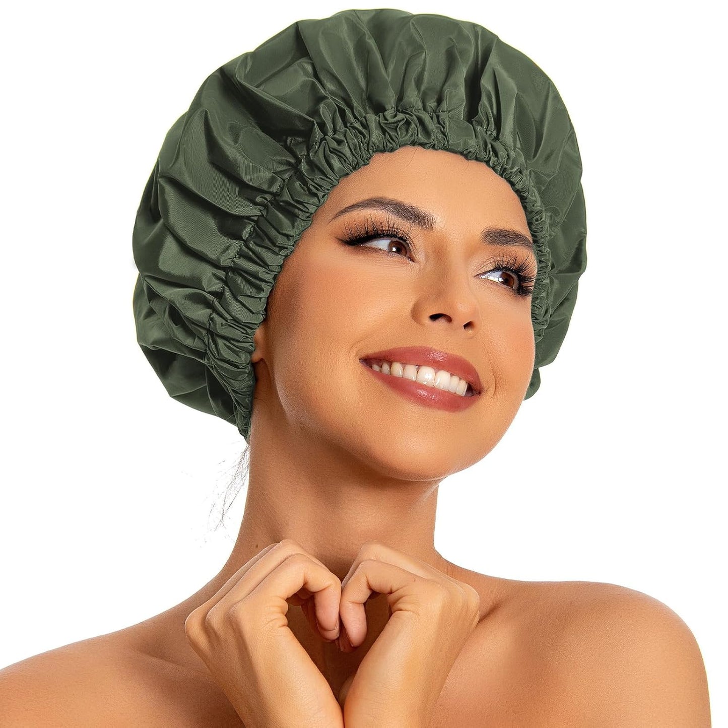 Skiennix Reusable Shower Cap - Large Waterproof Bath Hair Hat for Long Hair & Braids | Green