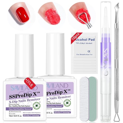 SAVILAND Dip Powder Remover Kit - Gentle & Safe Nail Removal with Cuticle Oil | 2 Pcs, 0.5 Floz