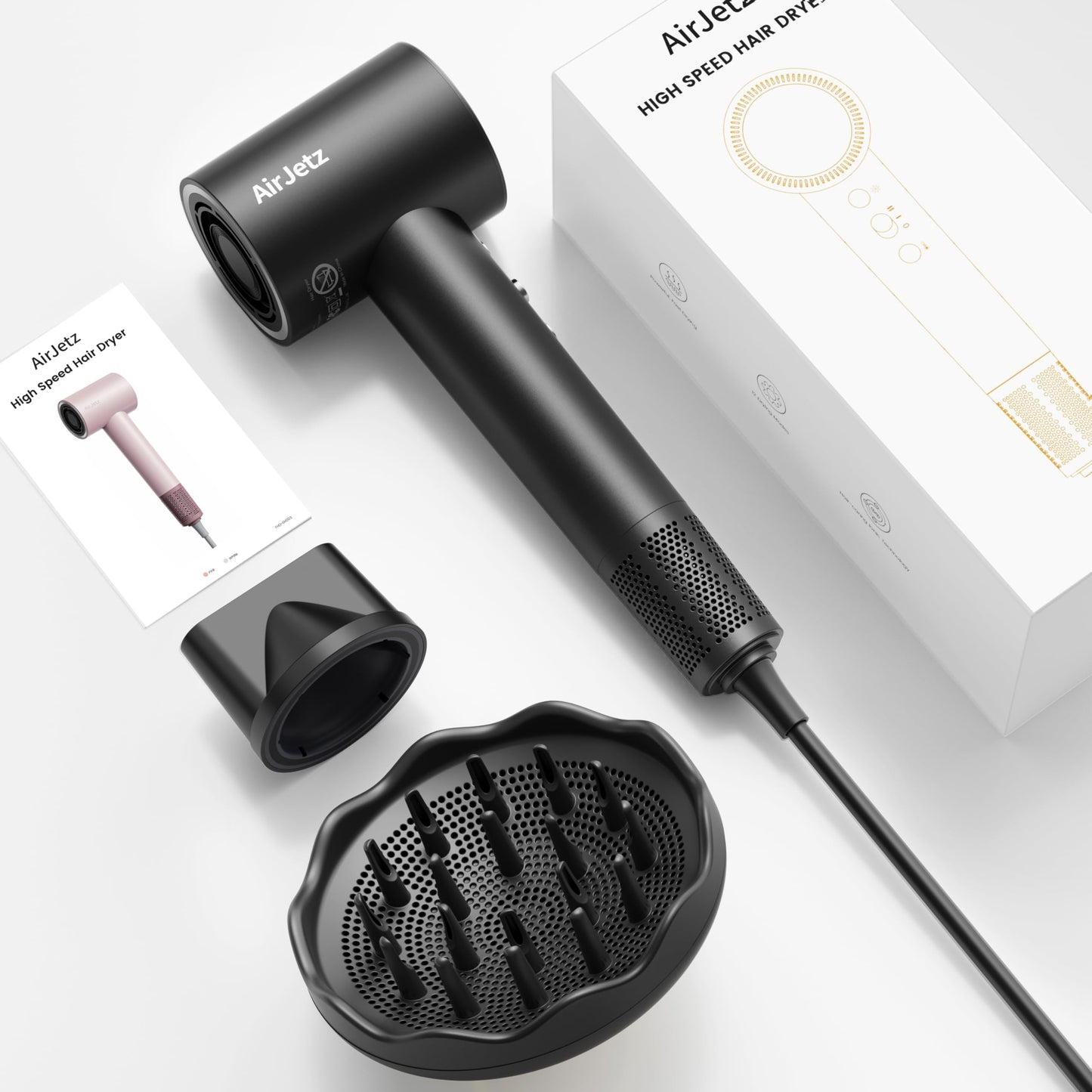 Hair Dryer, 110,000 RPM High-Speed Ionic Blow Dryer for Fast Drying, Professional Lightweight Hairdryer with Diffuser, Magnetic Nozzle, 4 Temps & 2 Speeds, Low Noise for Travel - Black