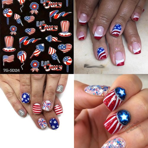 5Sheets 4th of July 5D Nail Art Stickers Decals Red Blue White American Flag Self-Adhesive Embossed Nail Decals Stars Heart Designs Independence Day Nail Decorations DIY Nail Supplies for Women Kids