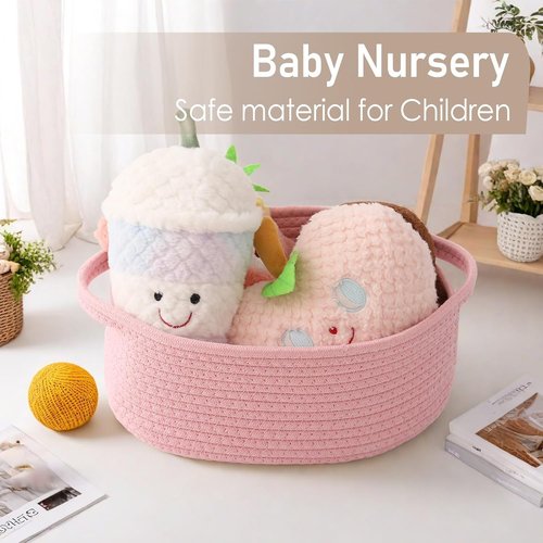 JMvicyroam Woven Basket - Small Rope Storage Bin with Handles for Organizing Shelves & Closets | Pink Gift Basket for Toys & Books