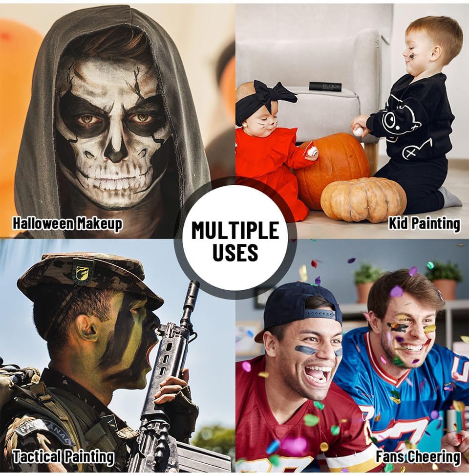 MEICOLY 7Pcs Black White Green Face Body Paint Stick Set with Setting Powder and Sponges,Clown Black White Face Paint,Green Body Paint for Halloween SFX Cosplay Makeup,Waterproof