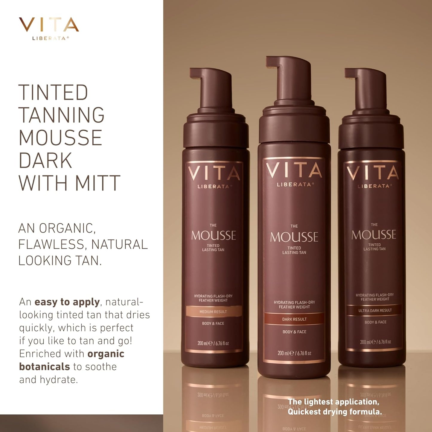 VITA LIBERATA Tinted Self Tanner Mousse - Dark 6.76 fl oz | Lightweight, Fast-Drying Formula with Organic Aloe Vera & Hyaluronic Acid