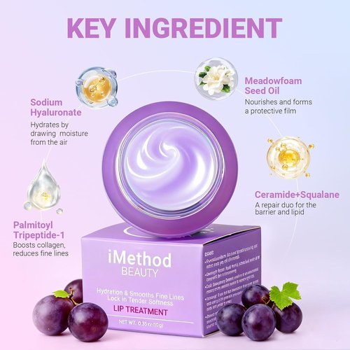 iMethod Overnight Lip Mask - Hydrating Lip Butter Balm with Hyaluronic Acid | Nourishes & Repairs Dry Lips - Grape