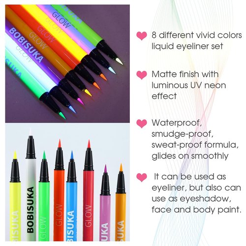 BOBISUKA UV Neon Liquid Eyeliner Set - 8 Matte Waterproof Colors for Vibrant Eye Makeup