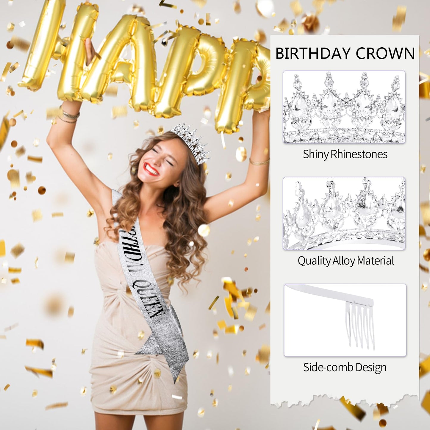 Vovii Birthday Crown & Sash Set for Women, Sliver Rhinestone Tiara & Birthday Queen Sash for Women Birthday Decorations, Happy Birthday Party Decorations for Birthday Crown Adult Woman