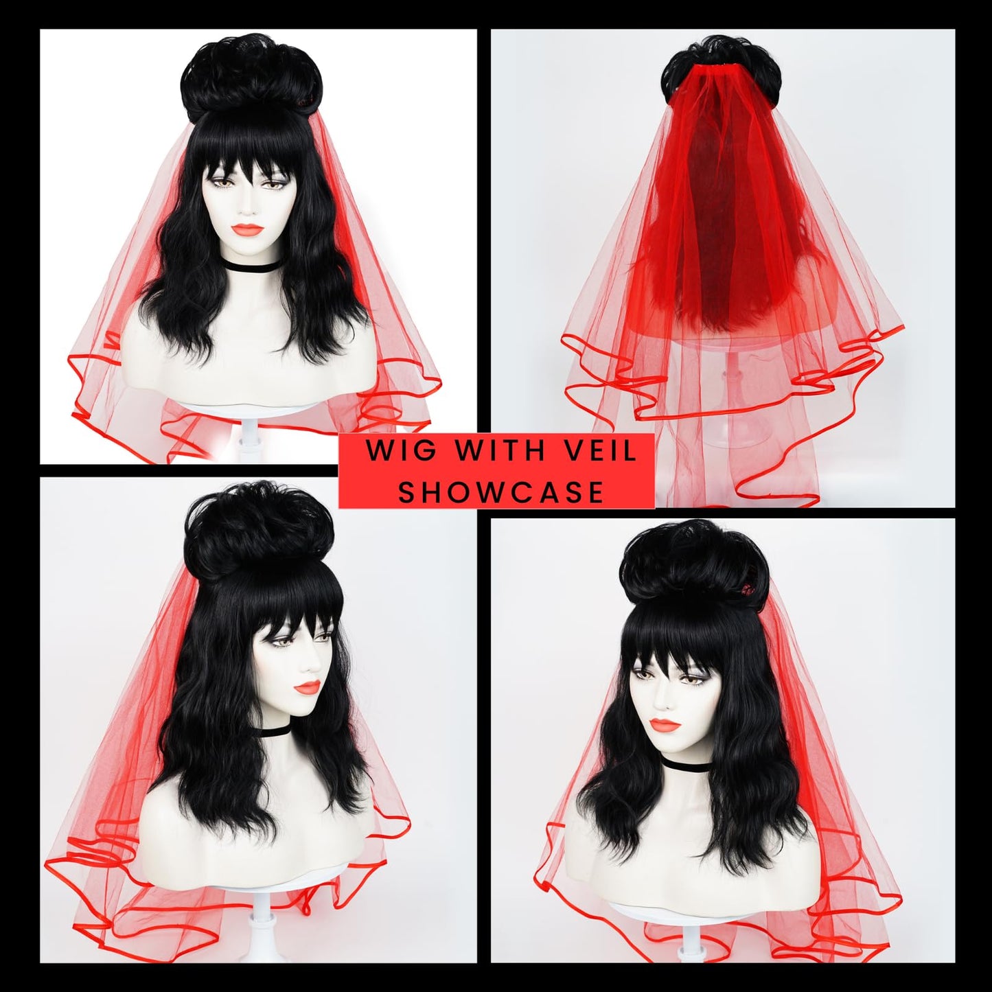 Wiggy Mermaid Black Lydia Wig with Red Veil, 40cm Long Black Wavy Bride Wig Goth Wig with Detachable Bun + Wig Cap for Halloween Costume Party Cosplay