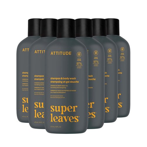 ATTITUDE 2in1 Shampoo & Body Wash - EWG Verified, Vegan Formula with Ginseng & Grapeseed Oil | 16 Fl Oz (Pack of 6)