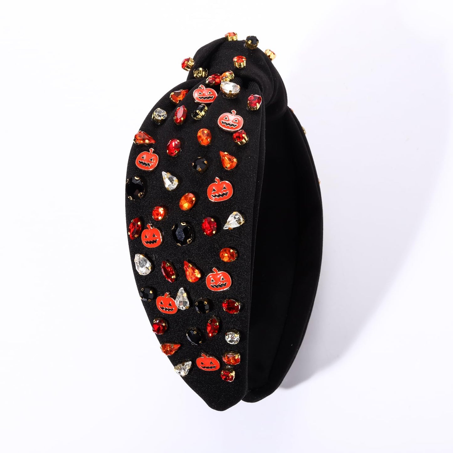 NVENF Halloween Headband Accessories for Women Crystal Pearl Knotted Headband Embellished Beaded Pumpkin Candy Corn Boo Headbands Rhinestone Jeweled Top Knot Headband Costume Party Favors (Pumpkin 6)