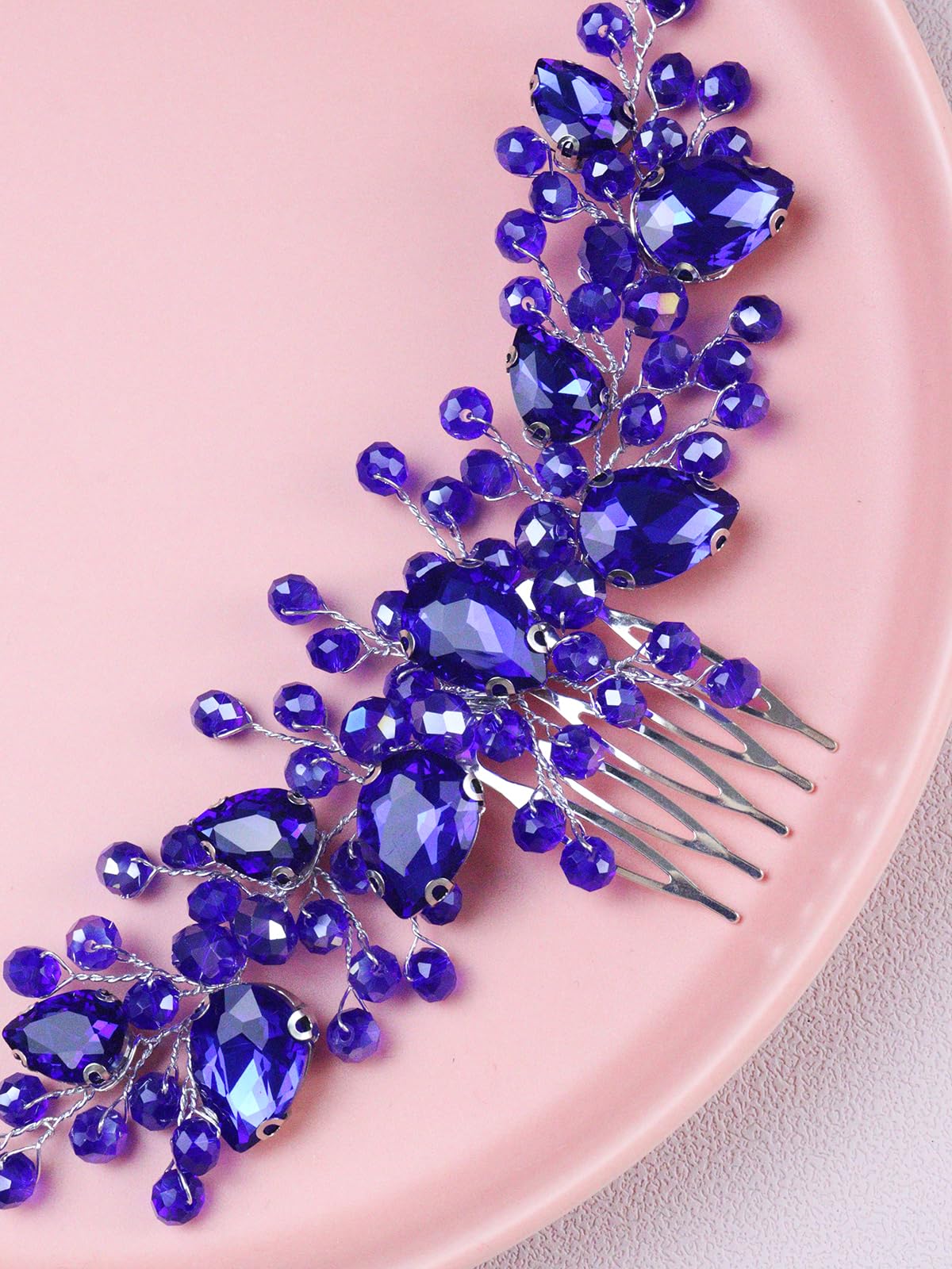 Brihasory Bride Wedding Hair Comb Rhinestone Bridal Hair Accessories Flower Hair Piece Party Prom Valentine Day Side Comb Crystal Hair Clips for Women and Girls Hair Decoration(Blue)