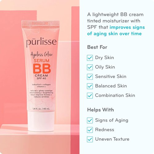 Pūrlisse Ageless Glow Serum BB Cream SPF 40 - Hydrating BB Cream with Bakuchiol & Vitamin C for Youthful Skin - Light Medium (1.4 oz)
