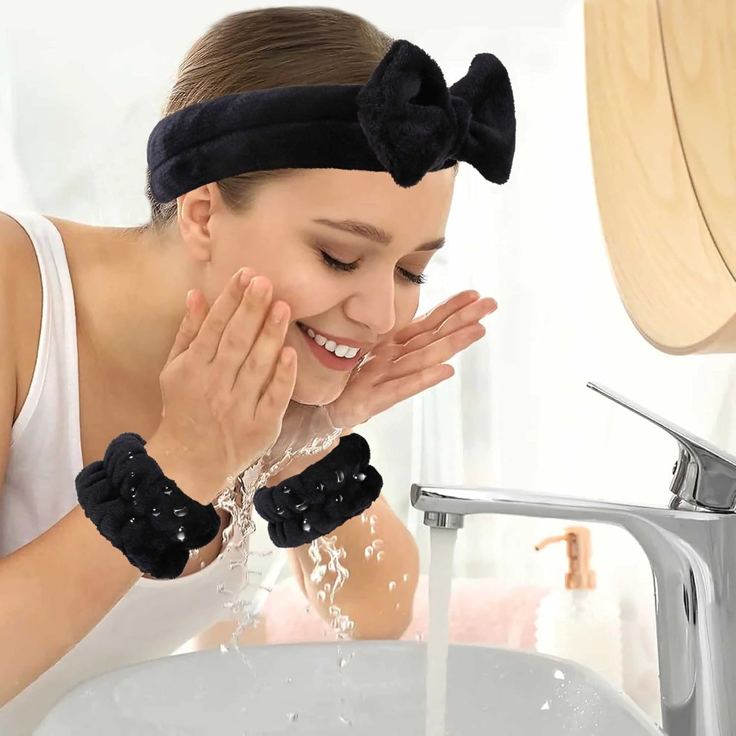 WSYUB Makeup Headband Set - Fluffy Black Spa Headband & 2 Absorbent Wristbands for Skin Care