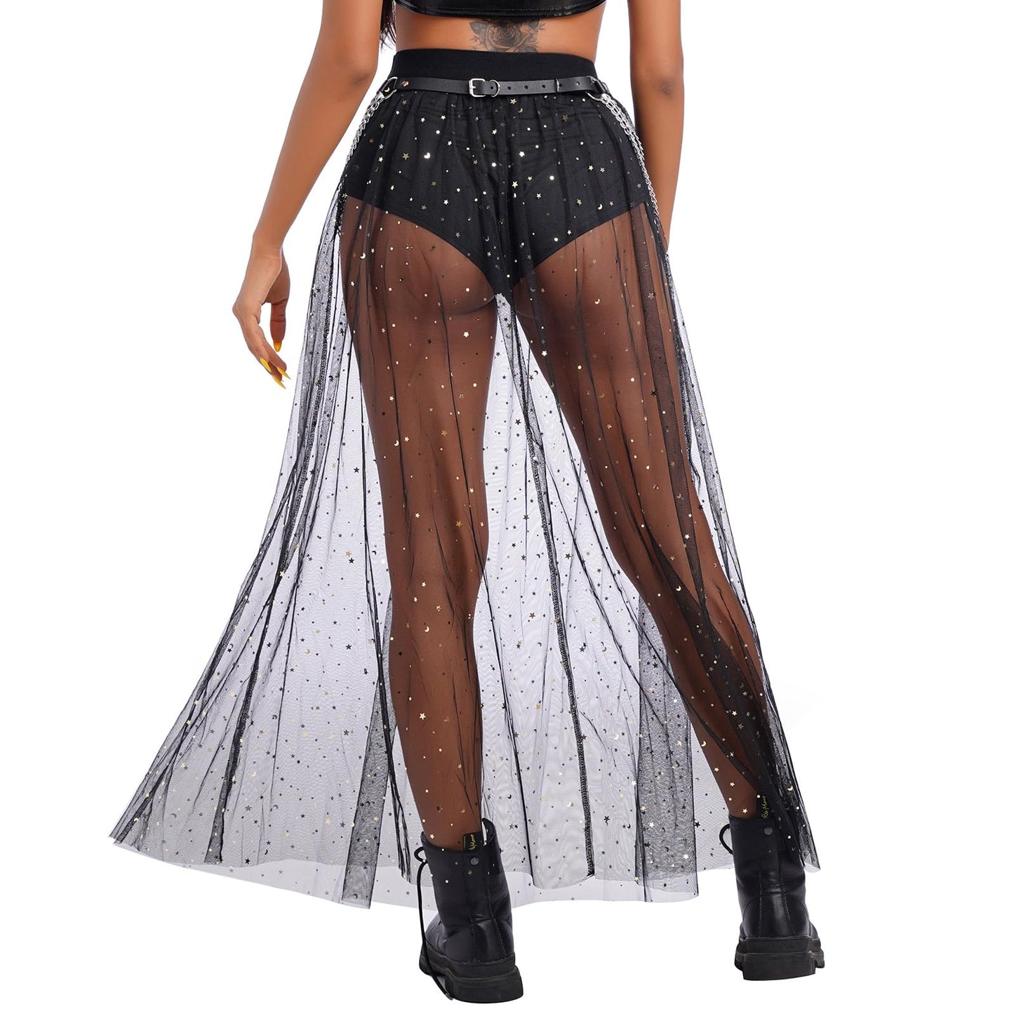 Women's Sheer Mesh 2 in 1 Glitter Sequin Elasticized High Waist A Line Party Maxi Skirt Sparkle Galaxy Sequin Tulle Cover ups Festival Outfits Costume Black Stars S