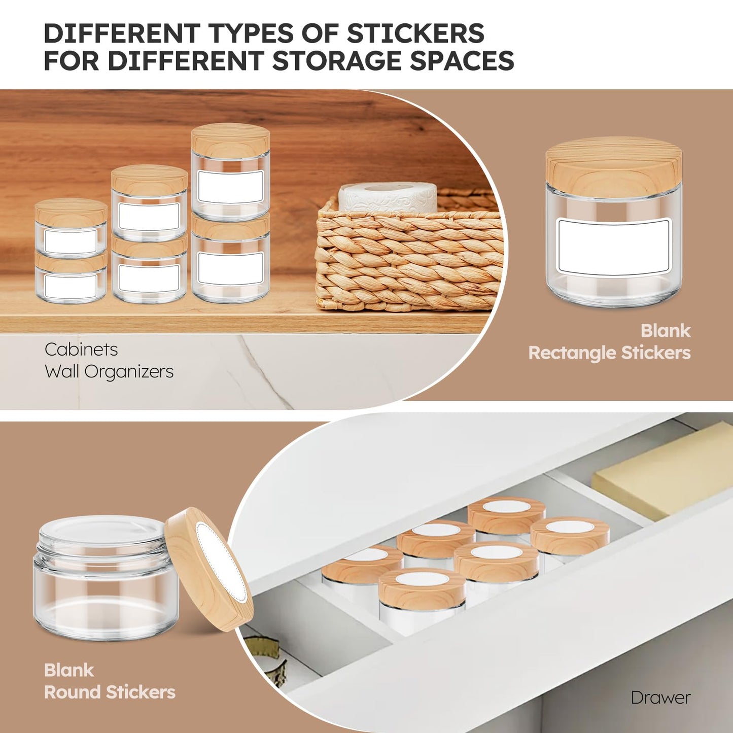 Glass Cosmetic Jars with Plastic Woodgrain Lids, 4 oz, 2 oz 1 oz Small Glass Storage Jars with Lids & Stickers, Reusable Clear Travel Containers for Creams, Lotion, Balms, Ointment 3 pack